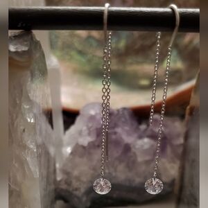 Sterling Silver 925 Signed Threader Chain Cubic Zirconia Crystal Drop Earrings